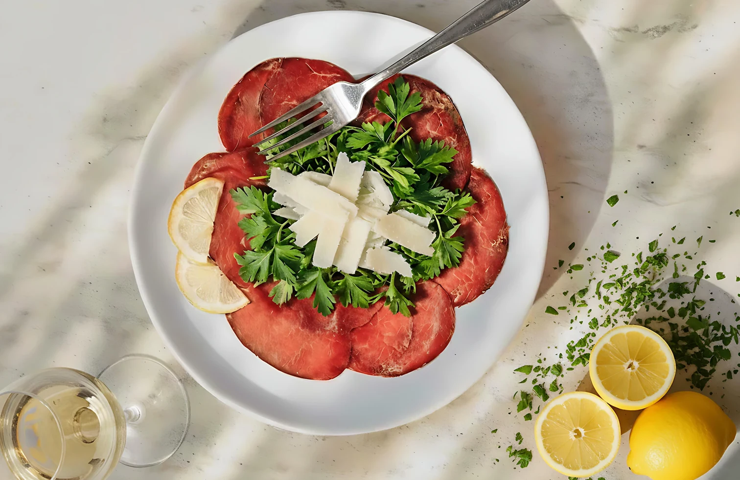 Carpaccio con rucola e scaglie di formaggio