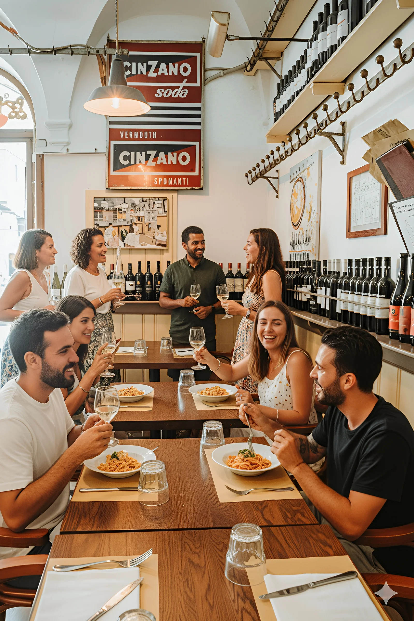 Tavoli e ospiti nella sala del ristorante