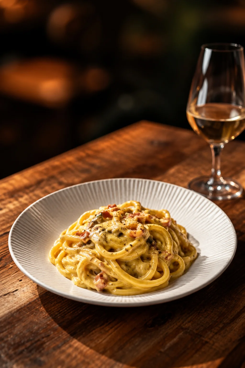 Pasta con zucchine su un piatto bianco