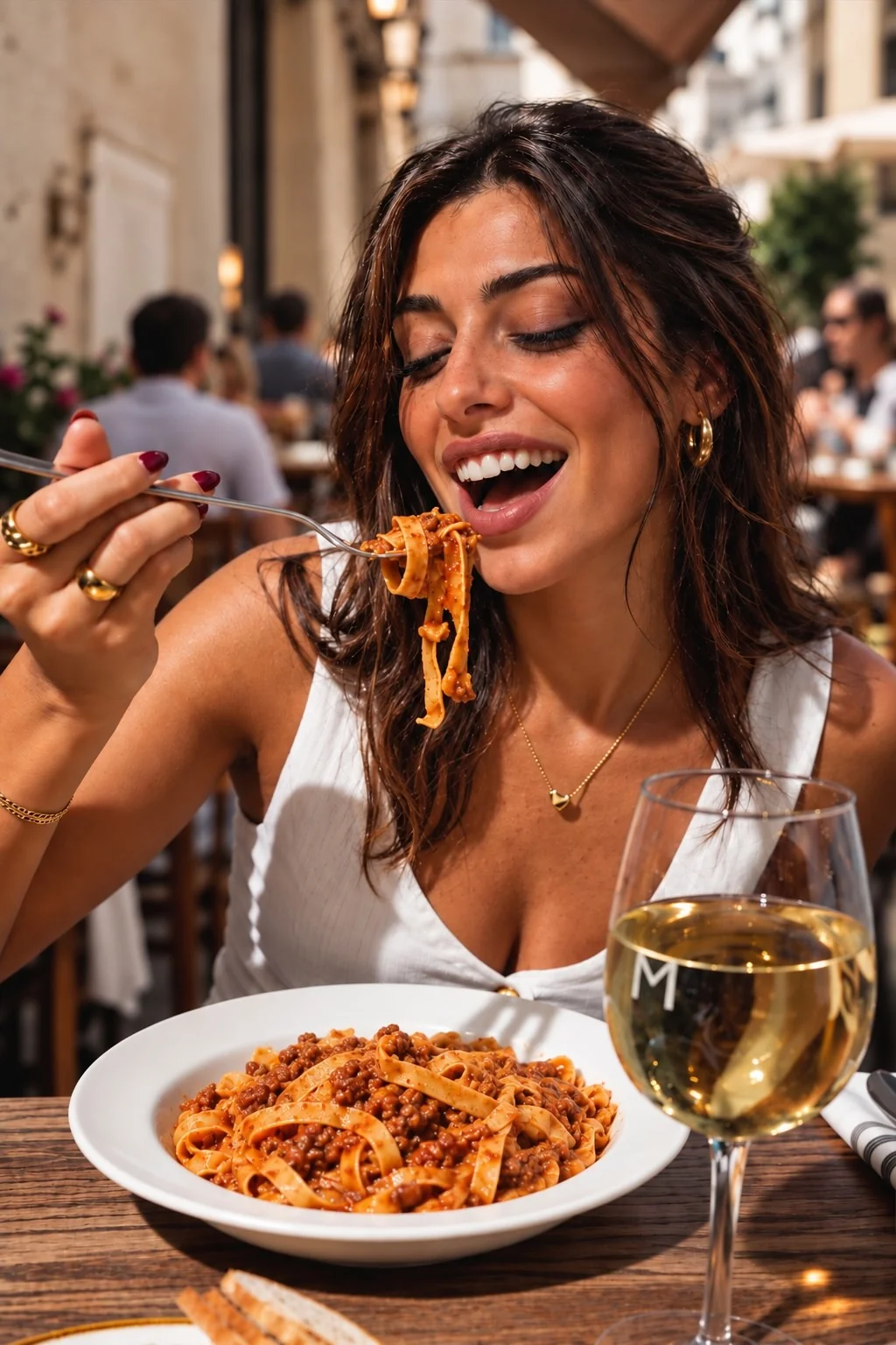 Una ospite assaggia la pasta ai tavoli all’aperto
