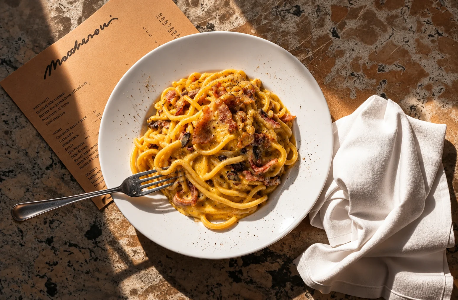 Spaghetti su una tavola con il menu di Maccheroni