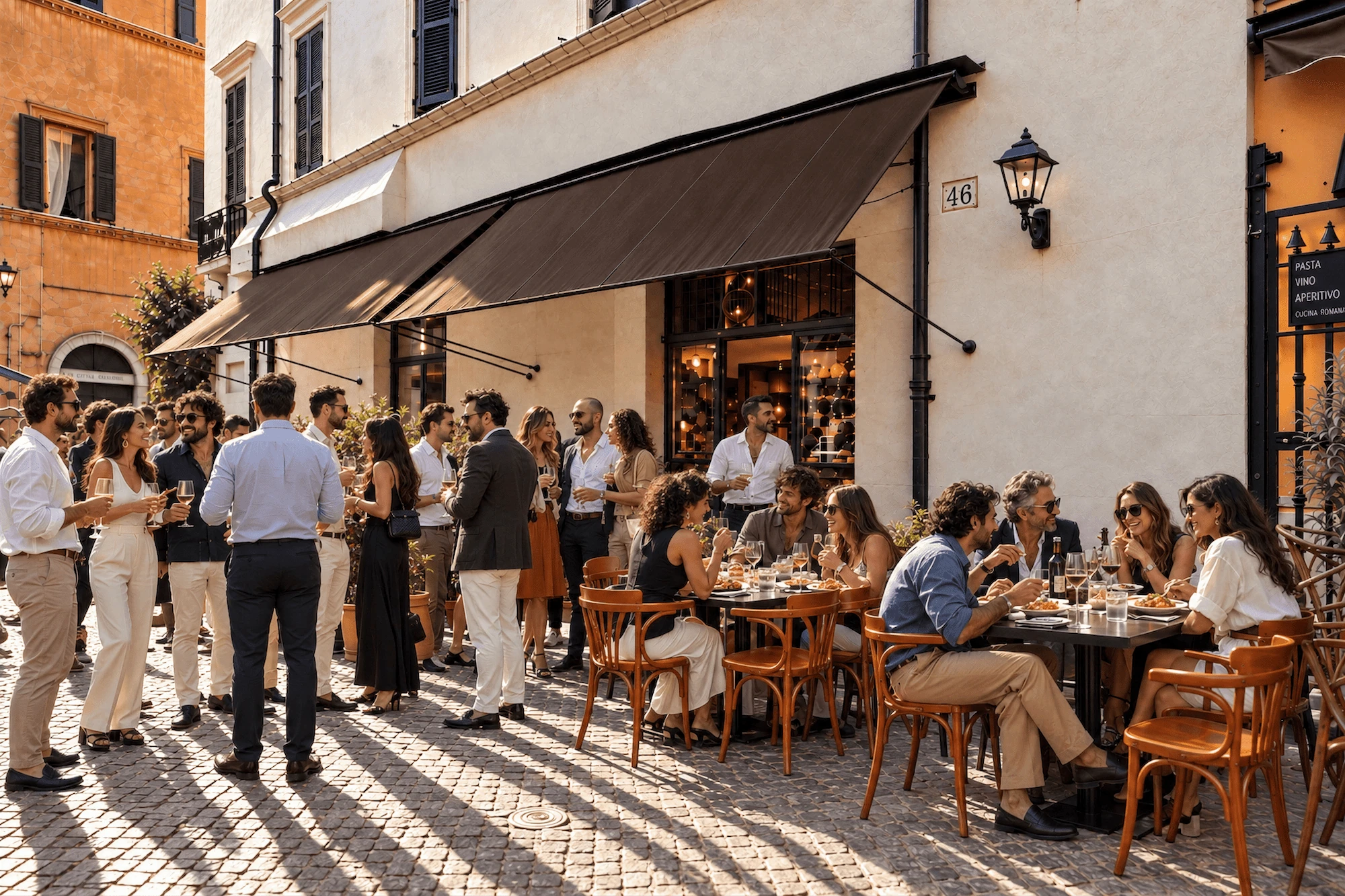 Ospiti davanti al ristorante e ai tavoli all’aperto