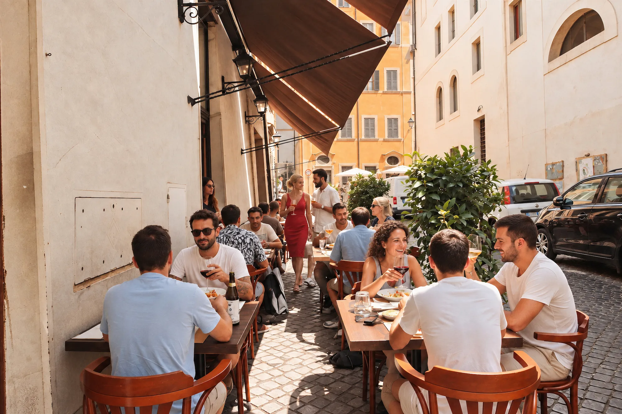 Ospiti ai tavoli all’aperto sotto la tenda
